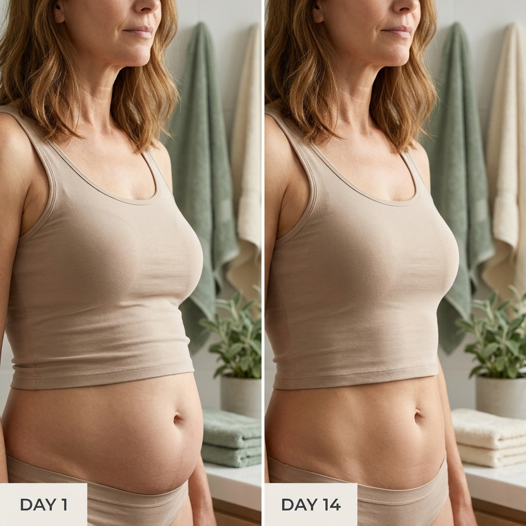 Day 1 versus day 14 morning comparison, lower belly less puffy and lighter