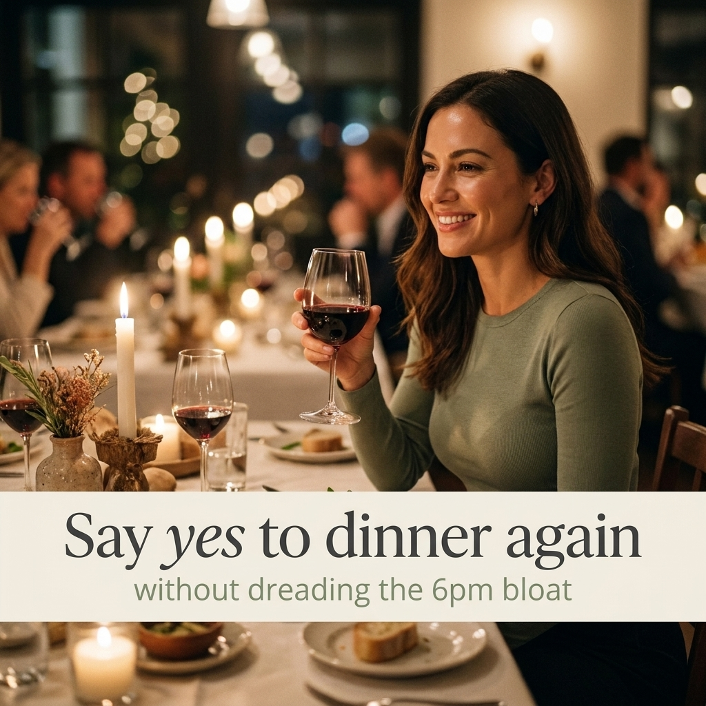 Woman comfortable at dinner out: say yes to dinner again without the evening bloat