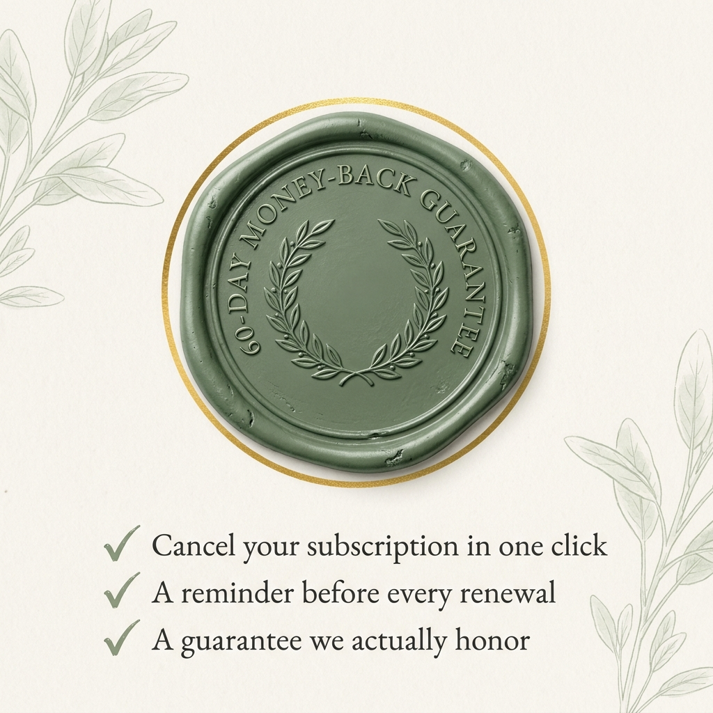 60-day money-back guarantee: cancel your subscription in one click, a reminder before every renewal