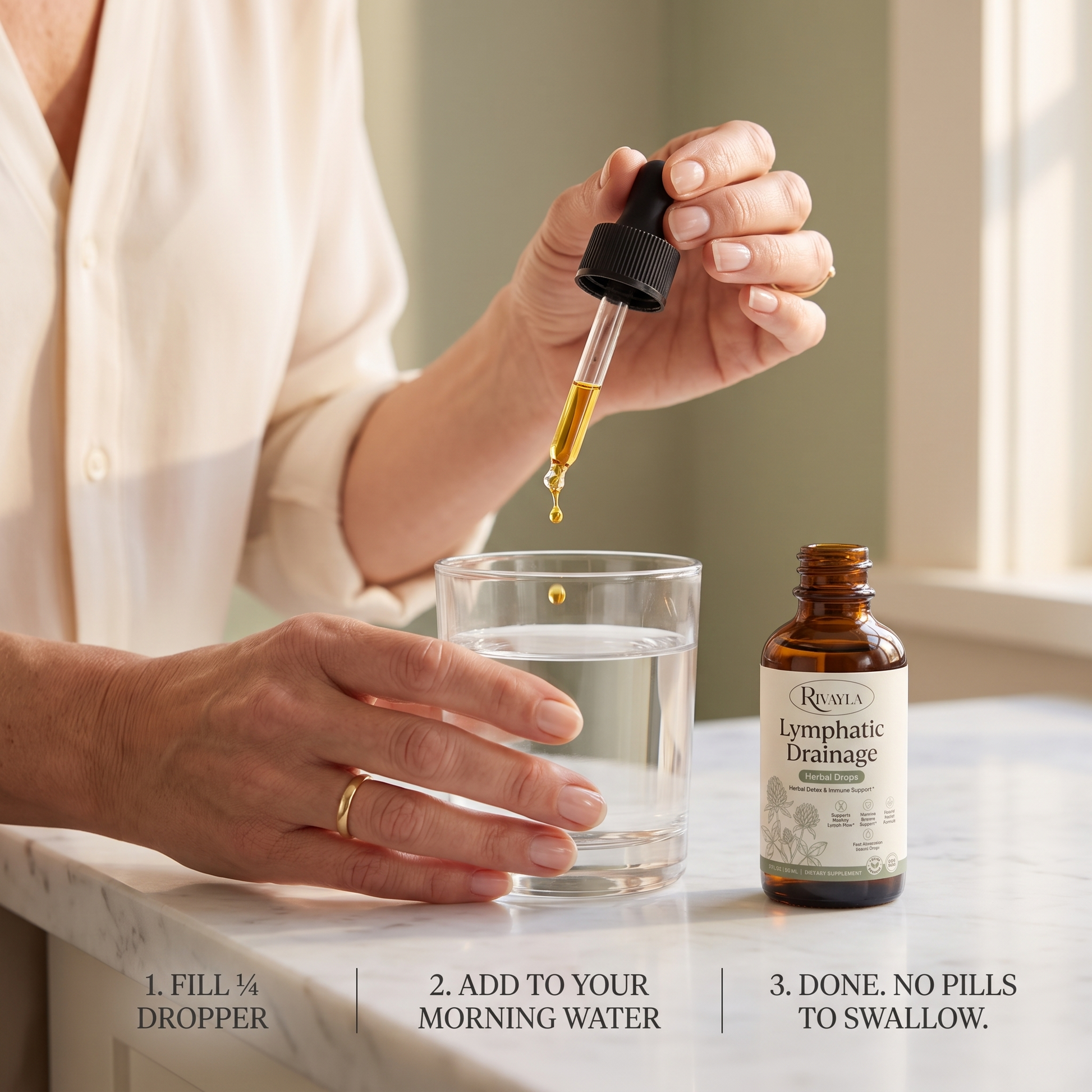 How to use: fill ¼ dropper, add to your morning water, no pills to swallow