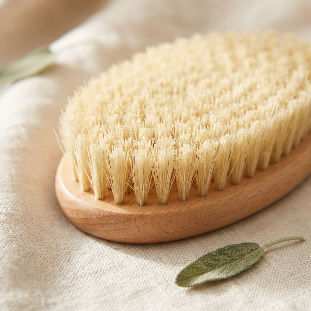 Macro detail of natural sisal bristles and beechwood handle