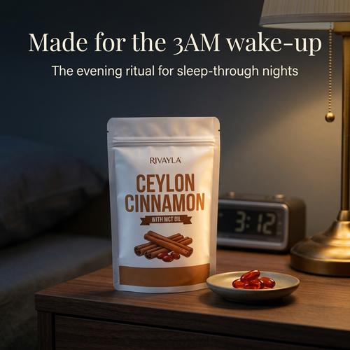 Rivayla Ceylon Cinnamon pouch on a nightstand at night, made for the 3AM wake-up