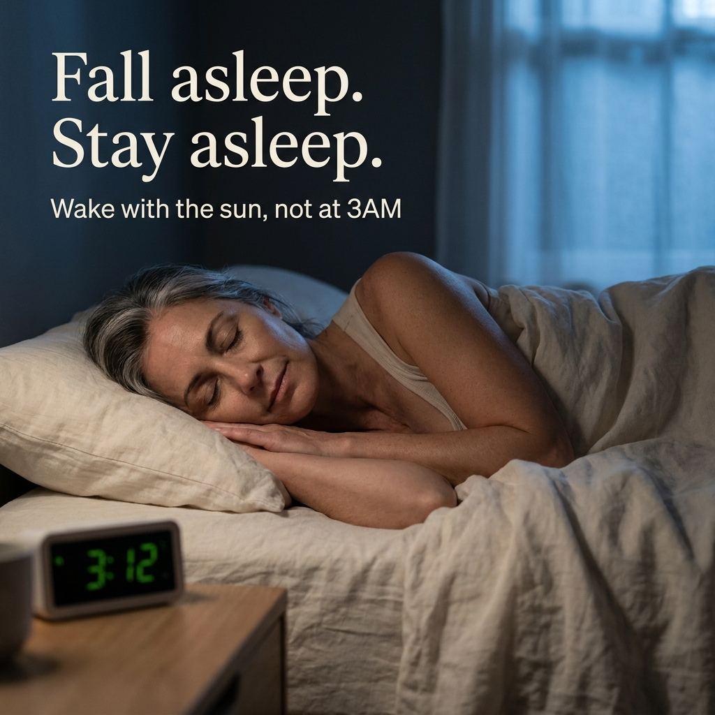Woman in her fifties sleeping through the night past a clock showing 3:12