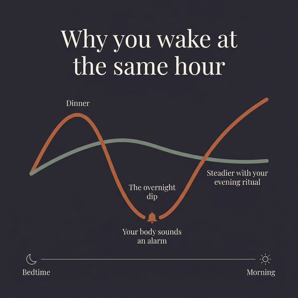Chart explaining the overnight dip and the internal alarm that wakes you at the same hour
