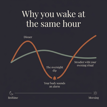Chart explaining the overnight dip and the internal alarm that wakes you at the same hour
