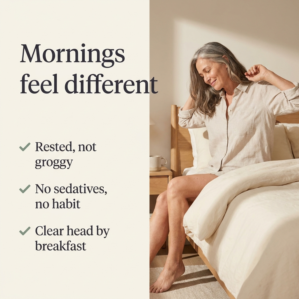 Woman waking rested in morning light, rested not groggy, no sedatives, clear head by breakfast