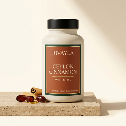 Rivayla Ceylon Cinnamon with MCT Oil, cream bottle with deep red softgels and true Ceylon quill