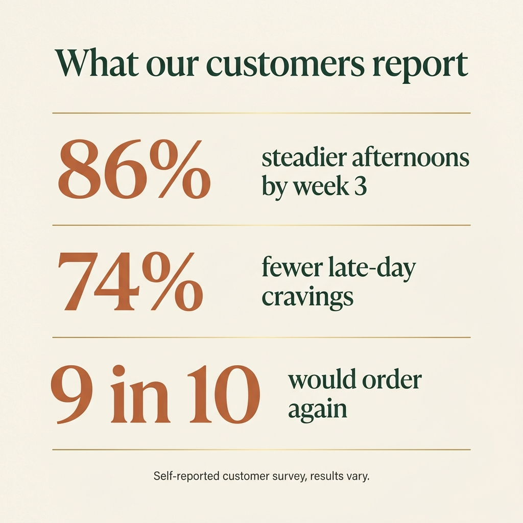What our customers report: steadier afternoons, fewer cravings, 9 in 10 would order again