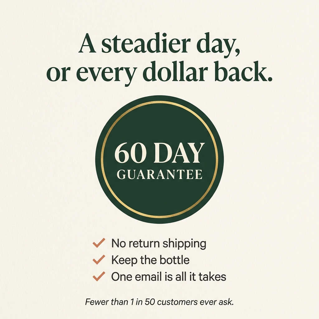 60 day guarantee: a steadier day or every dollar back, keep the bottle