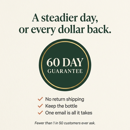 60 day guarantee: a steadier day or every dollar back, keep the bottle