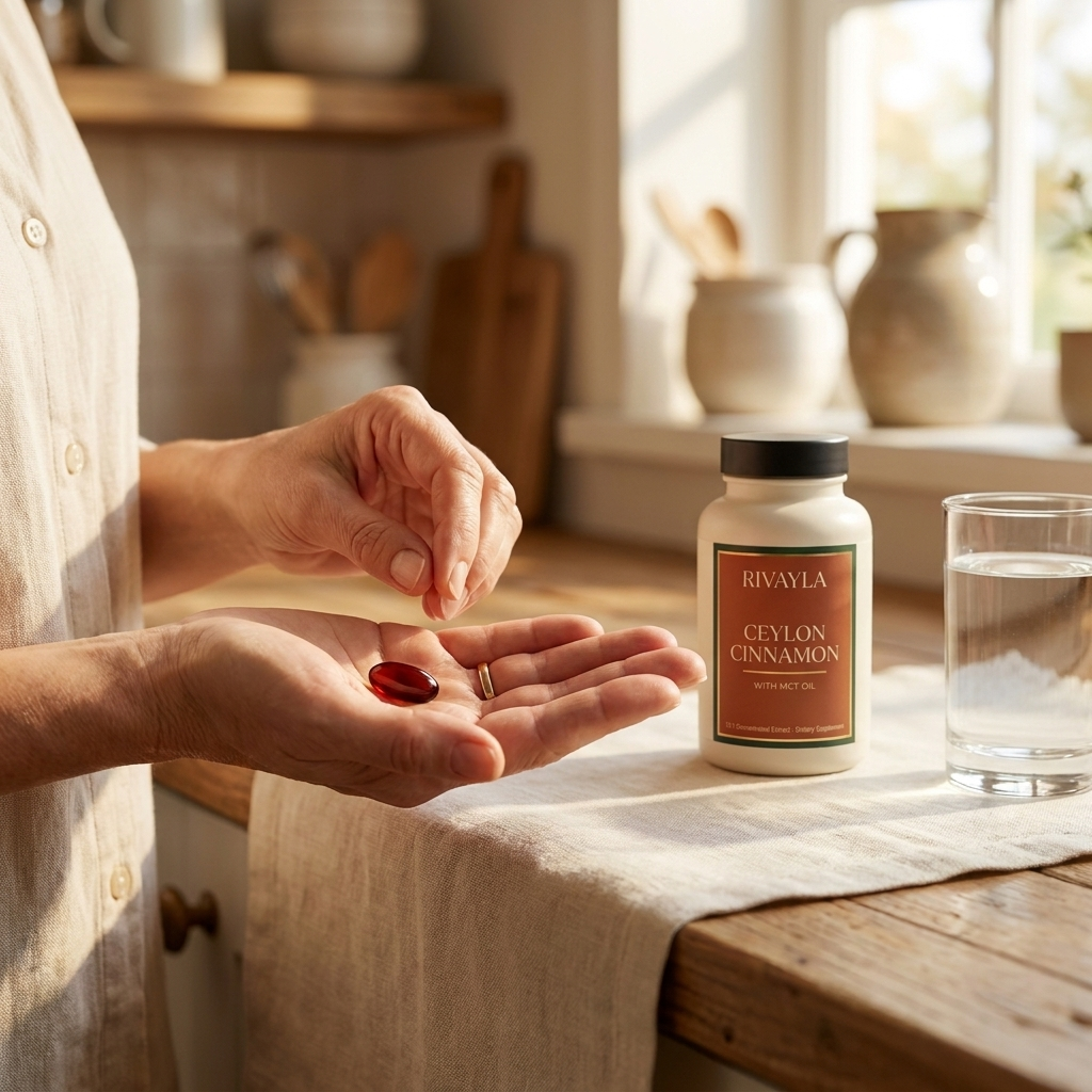 One deep red softgel in her palm, the Rivayla bottle and a glass of water on the kitchen counter