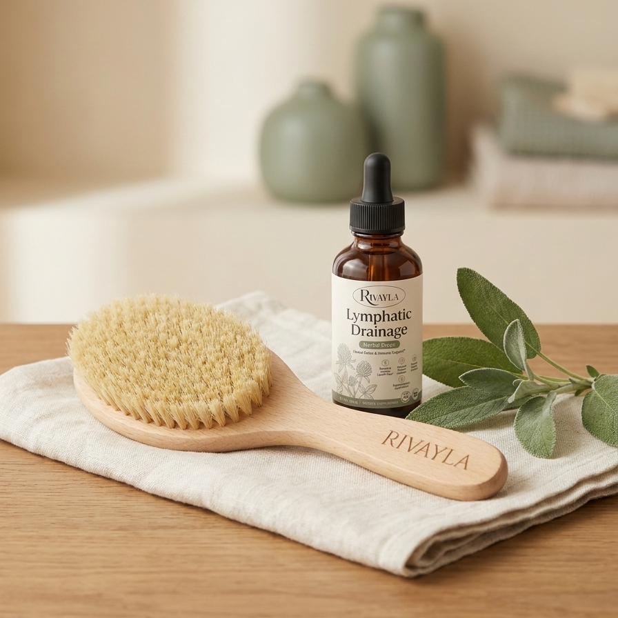 Rivayla body brush and Lymphatic Drainage drops together on a linen towel, the complete ritual