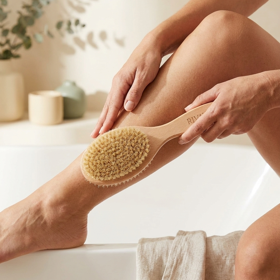 Woman dry brushing her leg with the Rivayla body brush, sitting on the edge of a bathtub