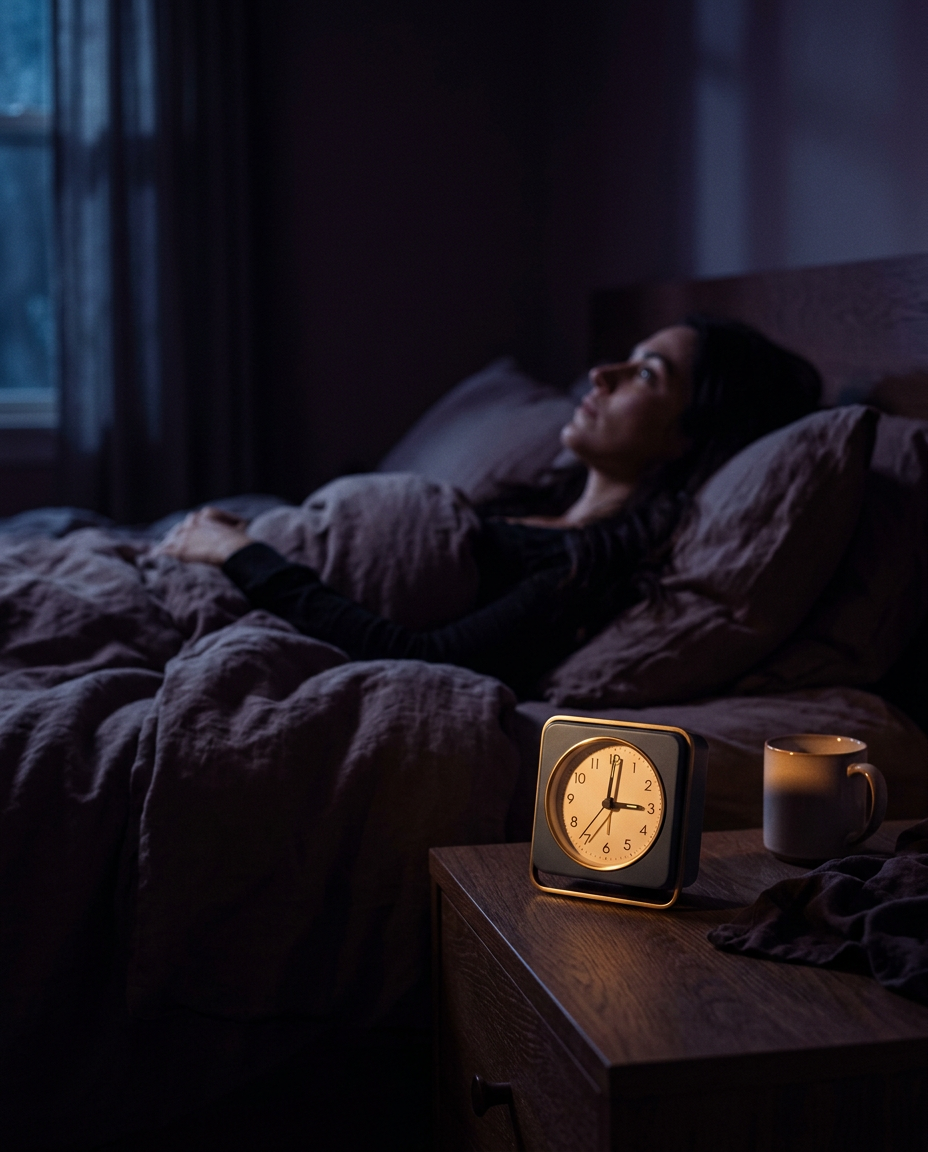 Bedside clock at 3 a.m. in a dark bedroom, woman lying awake