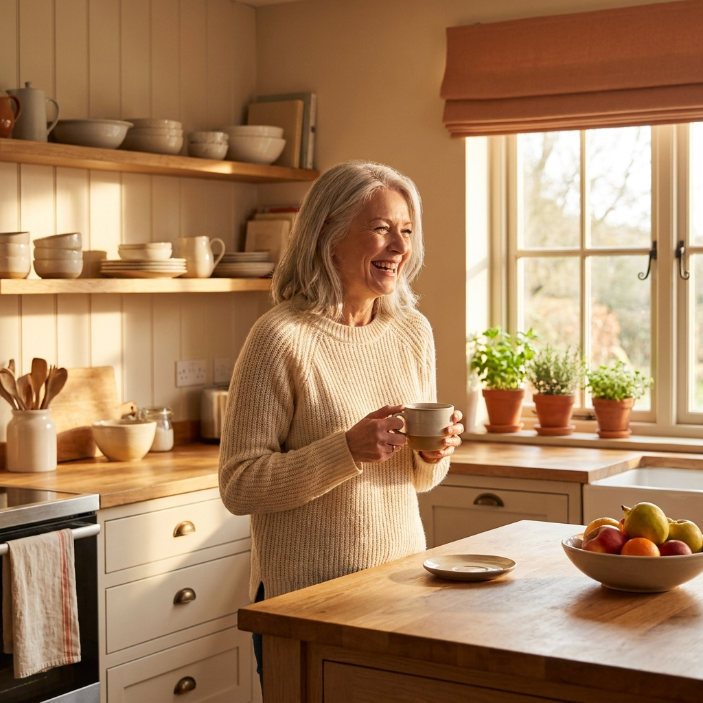 Radiant woman enjoying her morning tea in a sunlit kitchen