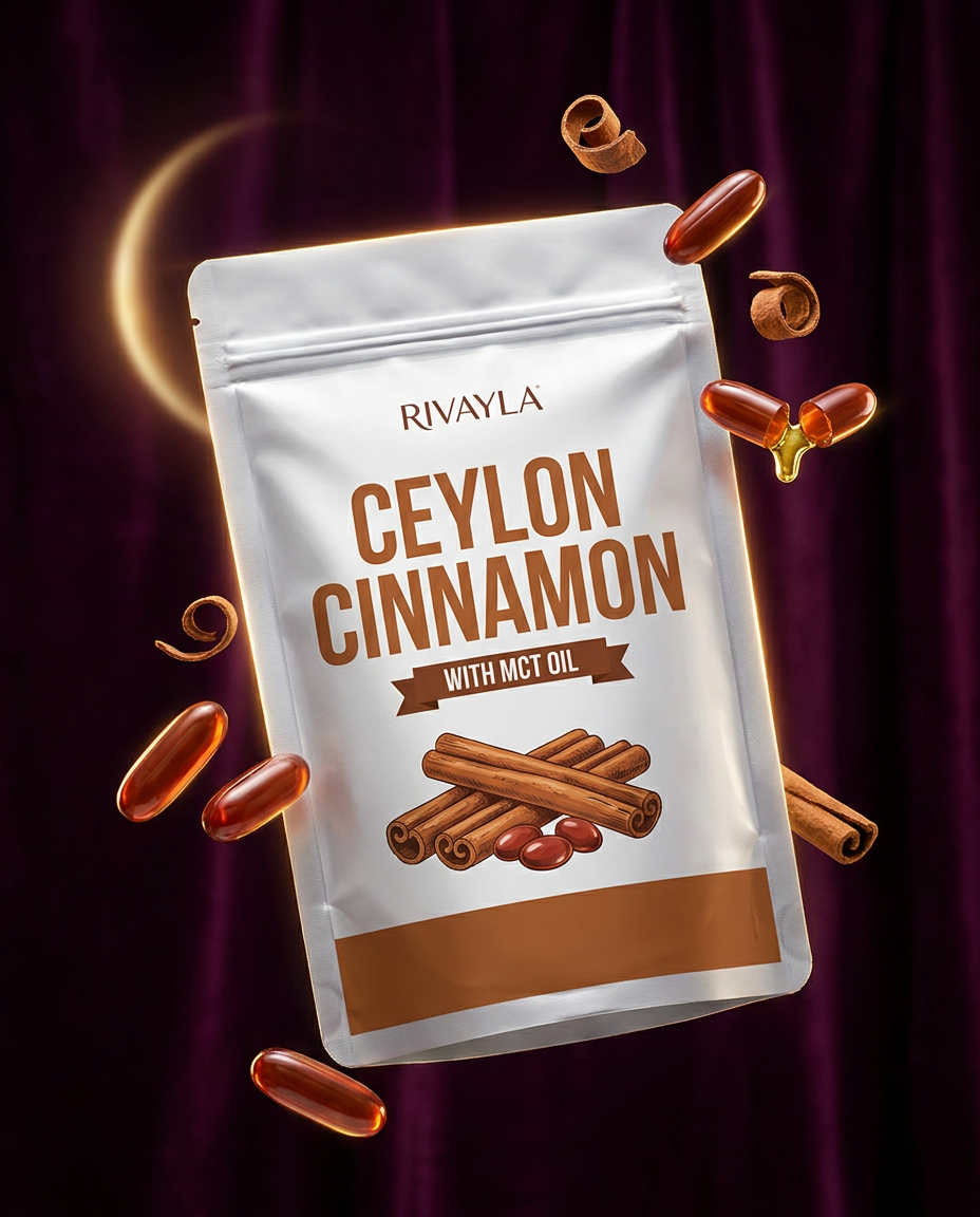 Rivayla Ceylon Cinnamon pouch with floating softgels on deep plum background