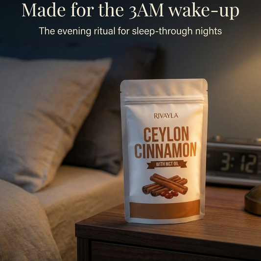 Rivayla Ceylon Cinnamon pouch on a nightstand at 3:12 AM, made for the 3AM wake-up