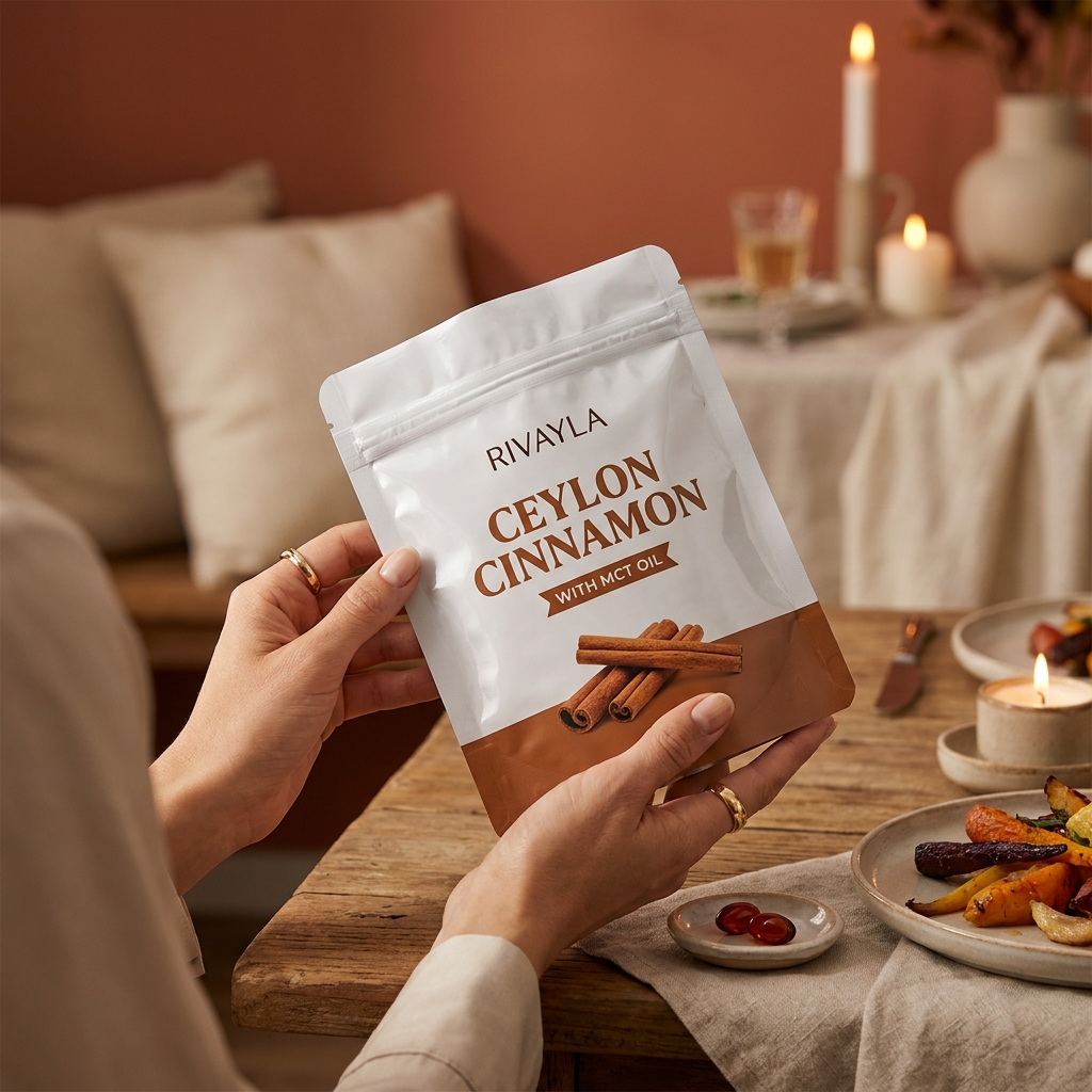 Woman holding the Rivayla Ceylon Cinnamon pouch at the dinner table